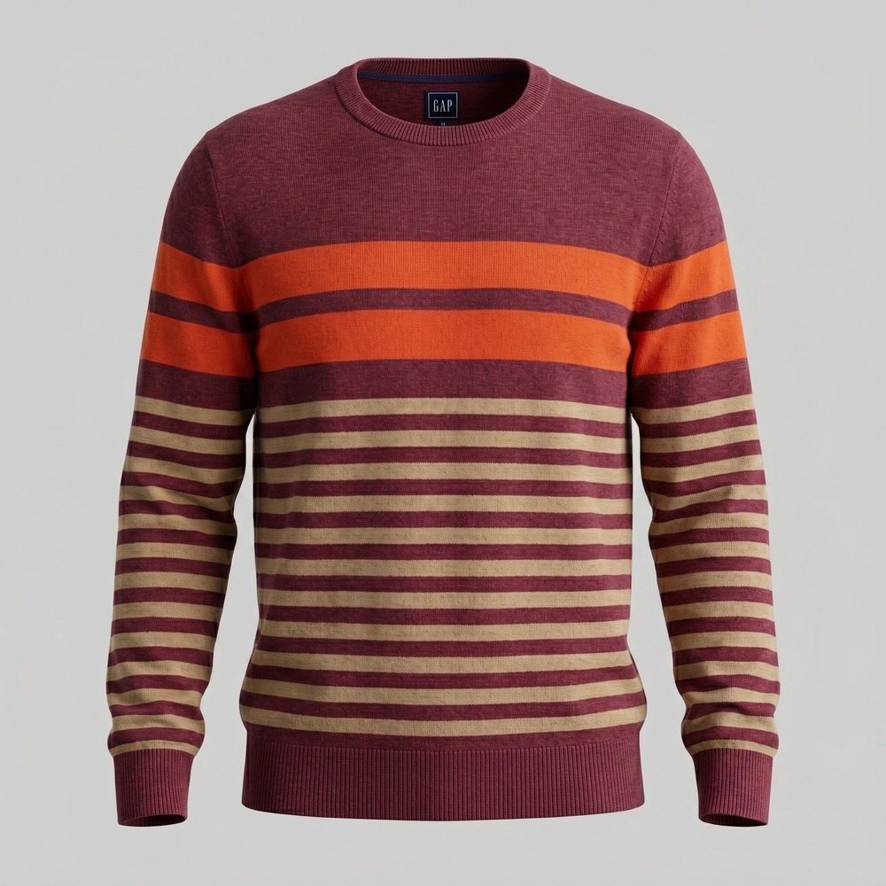 Gap Mens Medium Tall Burgundy Striped Crewneck Sweater Cotton Long Sleeve Ribbed